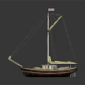 Sailing Ship Model With American Flag Yellow Sails Wooden Structure And Blue Accents