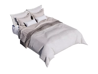 Modern Double Bed With Light Colored Bedspread Multiple Pillows And Textured Blanket 3d model