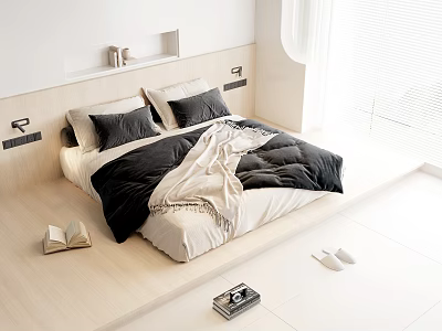Minimalist Japanese Style Bedroom With Platform Bed Wooden Elements White Decor Pillows Books And Slippers 3d model