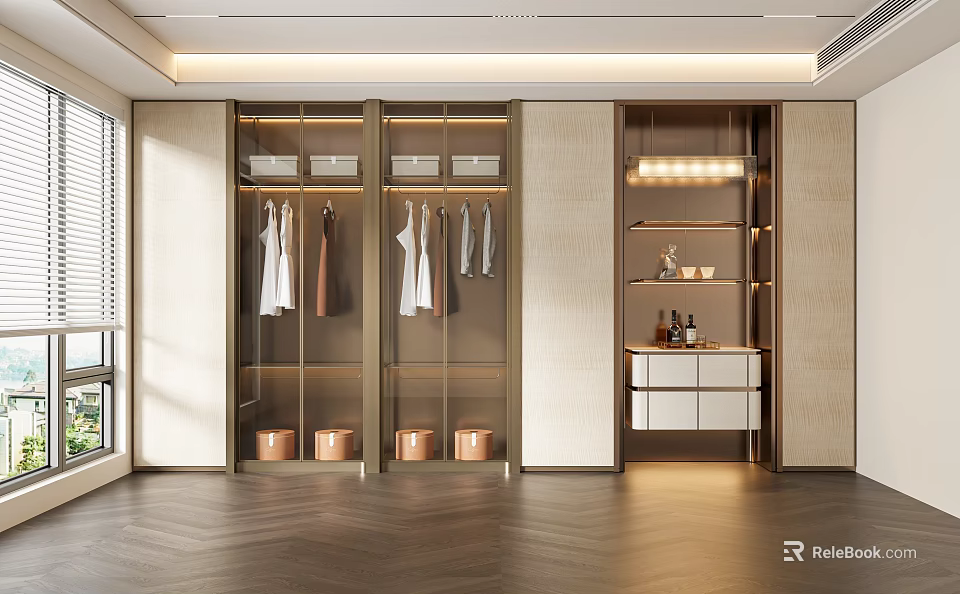 Modern Walk In Closet Interior With Glass Door Cabinets Hanging Clothes And Metal Storage Bins 3d model 