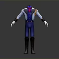 Blue And White 3D Model Costume With Red Accents And Brown Boots