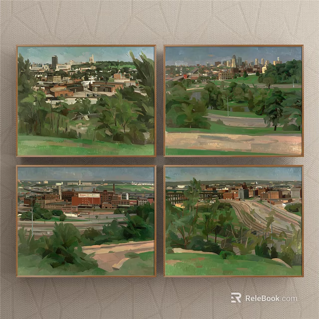 Urban Landscape Paintings Featuring City Skylines Green Trees Roads And Buildings 3d model 