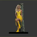 Woman in Yellow Dress and Boots Leaning Against Tree Stump on Red Circular Platform