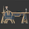 Blue And Gold Desk With Matching Chair And Elegant Design Featuring Lamp Candlestick And Books