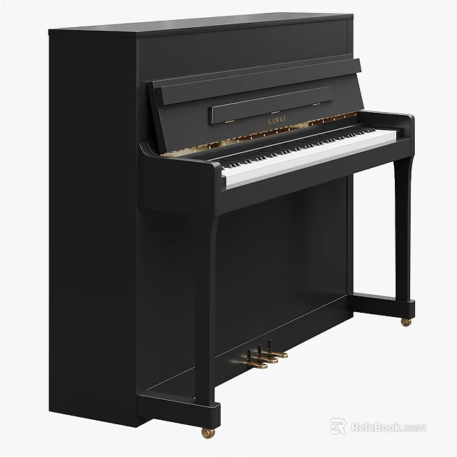 Black Upright Piano with White Keys and Brass Pedals for Musical Practice 3d model 