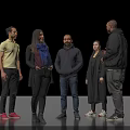 Group of people standing together casually talking against black background with various outfits