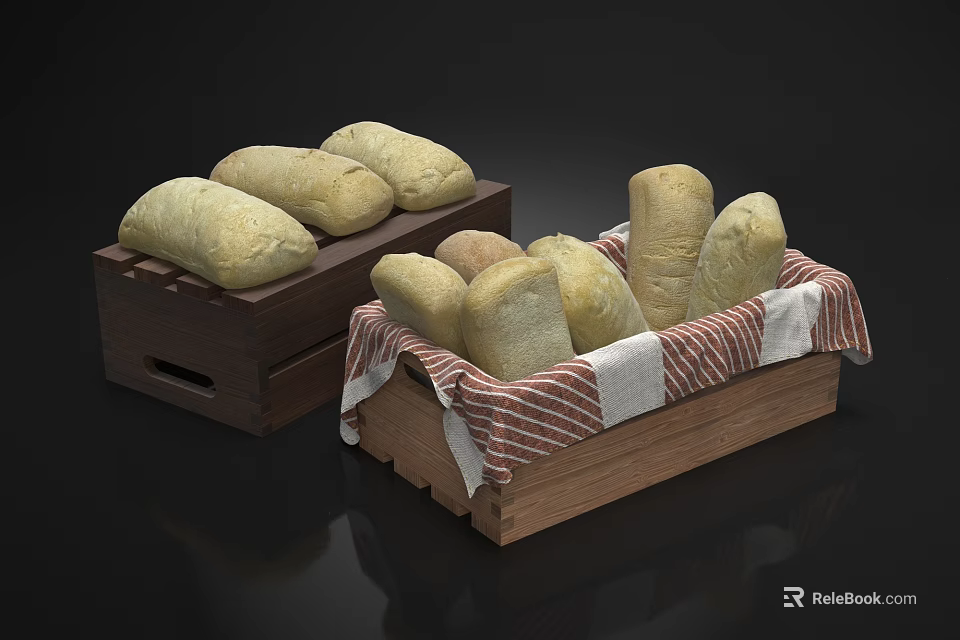 Various Shapes Of Fresh Bread In Wooden Boxes With Red White Striped Cloth 3d model 