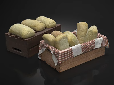 Various Shapes Of Fresh Bread In Wooden Boxes With Red White Striped Cloth 3d model