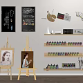 Open Studio Art Supplies With Easels Paintings Palette Colored Pencils And Paint Cans