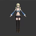 Anime Female Character With Blonde Hair Blue Top Brown Skirt Black Socks And Boots