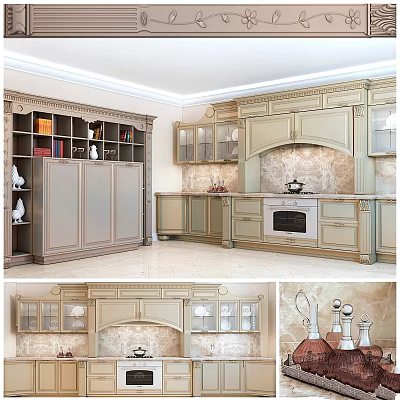 Classic Kitchen Cabinets With Glass Doors Marble Countertop And Traditional Interior 3d model