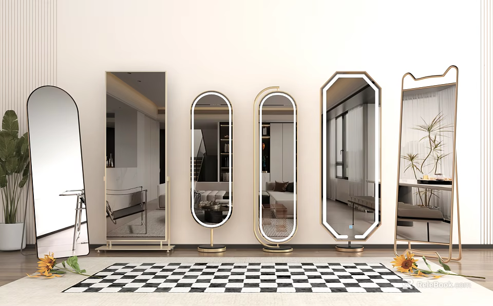Modern Mirrors With Various Shapes And Golden Frames In Room With Checkered Rug And Plants 3d model 