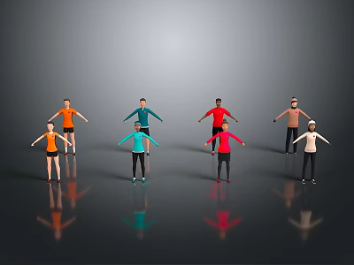 Colorful 3D Characters In Different Poses Standing On Reflective Black Floor With Gray Background 3d model
