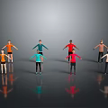 Colorful 3D Characters In Different Poses Standing On Reflective Black Floor With Gray Background