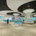 Modern Exhibition Hall Interior With Curved Ceiling White Columns And Blue Display Counters 3d model