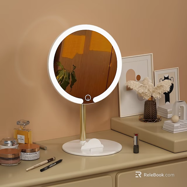 Round Lighted Vanity Mirror On Dressing Table With Cosmetics And Decorative Items 3d model