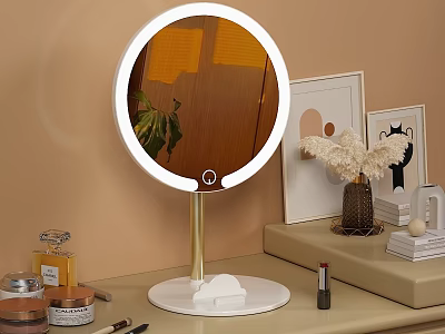 Round Lighted Vanity Mirror On Dressing Table With Cosmetics And Decorative Items 3d model