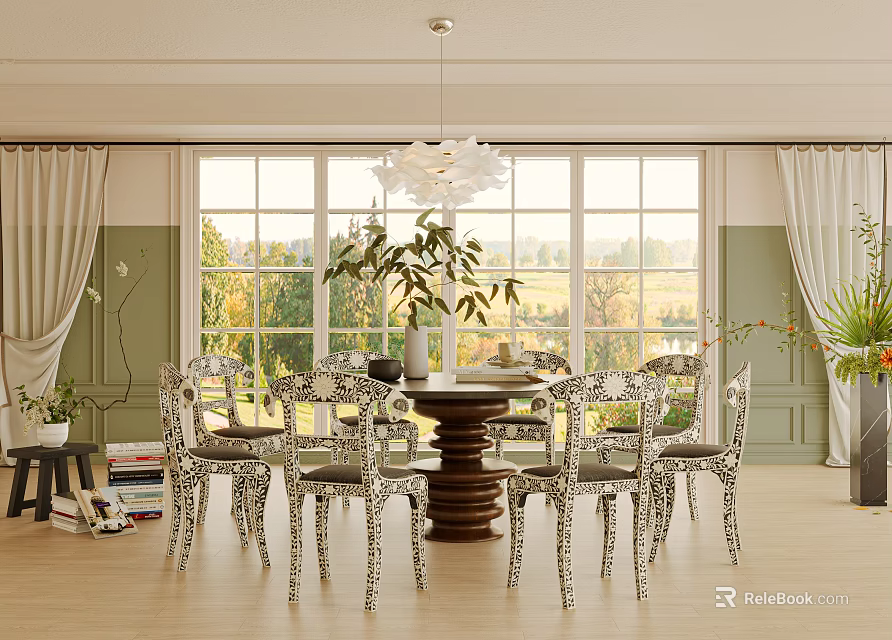 Elegant Dining Room Interior With Wooden Table Patterned Chairs Chandelier Large Windows And Green Plants 3d model 