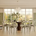 Elegant Dining Room Interior With Wooden Table Patterned Chairs Chandelier Large Windows And Green Plants