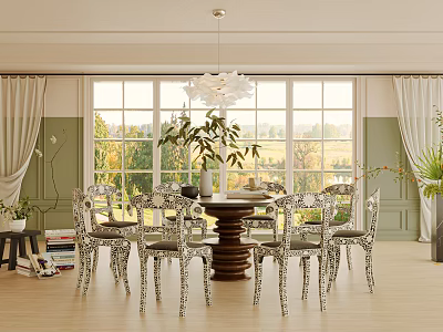 Elegant Dining Room Interior With Wooden Table Patterned Chairs Chandelier Large Windows And Green Plants 3d model