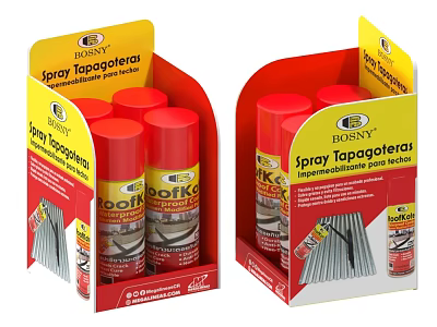 BOSNY Spray Topogalera Display Rack With Red Spray Cans And Product Packaging 3d model