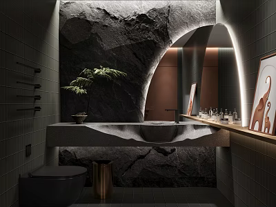 Modern Dark Bathroom With Natural Rock Wall And Plant Decor 3d model