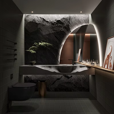 Modern Dark Bathroom With Natural Rock Wall And Plant Decor 3d model