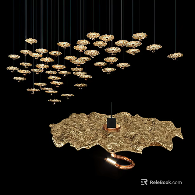 Multiple Golden Flower Shaped Chandeliers Hanging With Large Decorative Object On Black Background 3d model