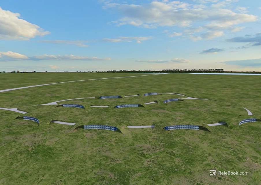 Hotel Building In Green Grassland With Curved Structures Blue Sky And Distant Water 3d model 