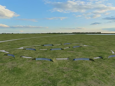 Hotel Building In Green Grassland With Curved Structures Blue Sky And Distant Water 3d model