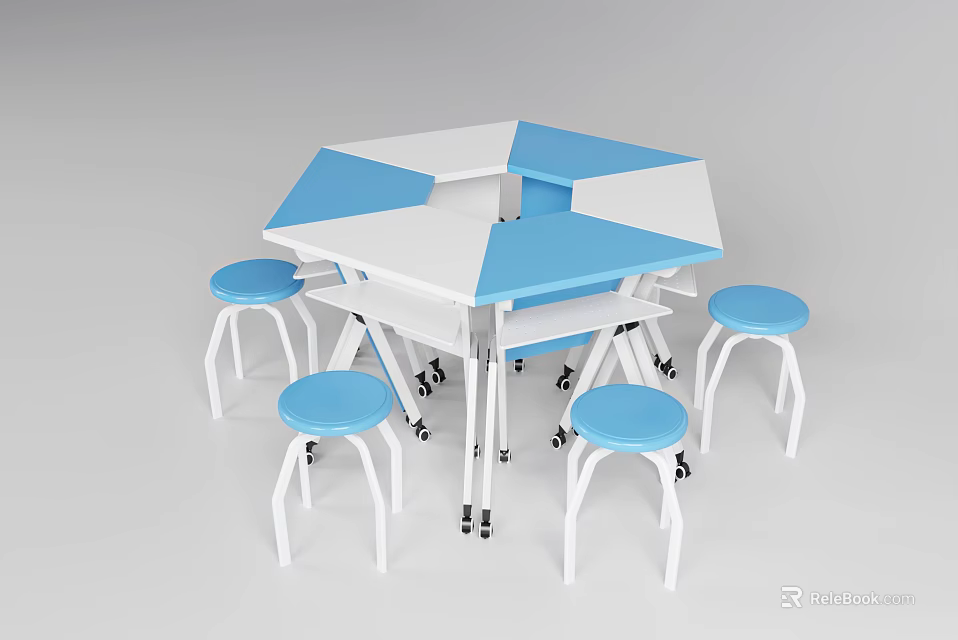 School Classroom Octagonal Table With White And Blue Tabletop And Blue Stools 3d model