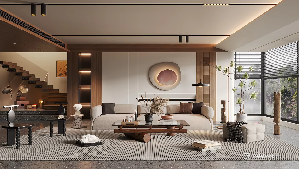 Modern Living Room Interior Design With Sofa Wooden Coffee Table Decorations Green Plant And Wall Art 3d model 