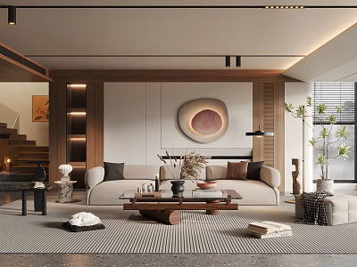 Modern Living Room Interior Design With Sofa Wooden Coffee Table Decorations Green Plant And Wall Art 3d model