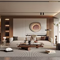 Modern Living Room Interior Design With Sofa Wooden Coffee Table Decorations Green Plant And Wall Art