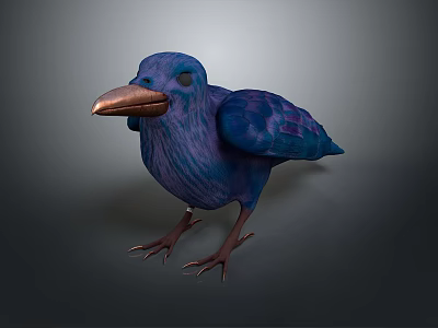 3D Modeled Blue Purple Bird With Copper Beak Standing On Gray Background 3d model