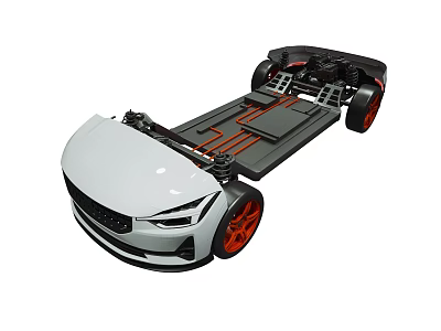 Electric Vehicle Chassis Platform With Battery Structure And Orange Wheels 3d model