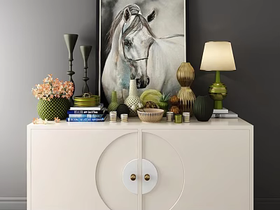 Elegant White TV Stand With Circular Design And Decorative Ornaments Including Lamp Artwork 3d model