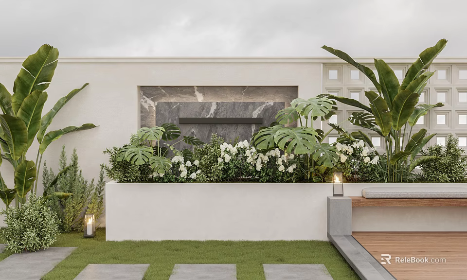 Modern Courtyard Bonsai Plants With White Flowers Green Foliage And Water Feature Wall 3d model 