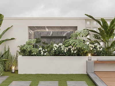 Modern Courtyard Bonsai Plants With White Flowers Green Foliage And Water Feature Wall 3d model