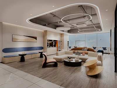 Modern Break Room Interior Design With Comfy Sofa And Round Coffee Table 3d model