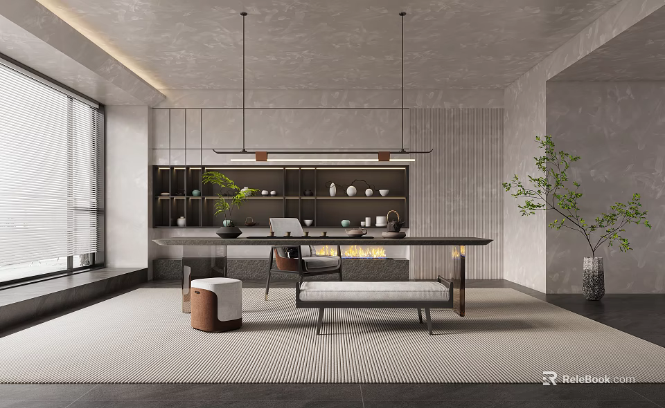 Modern Minimalist Tea Room Interior Design With Long Table Tea Sets And Green Plants 3d model