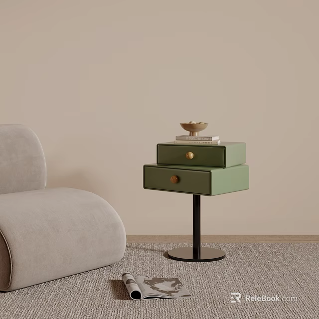 Light Green Side Table With Two Drawers Golden Handles Black Metal Stand And Gray Sofa 3d model 