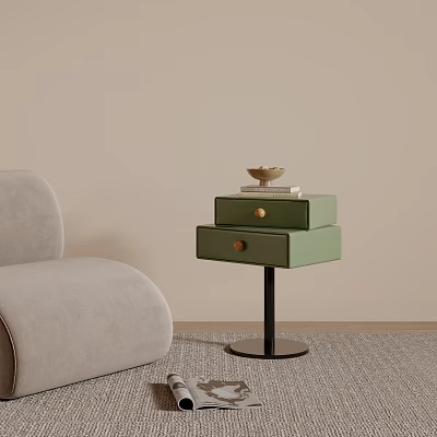 Light Green Side Table With Two Drawers Golden Handles Black Metal Stand And Gray Sofa 3d model