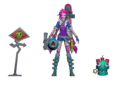 Adventurous Pink Haired Character With Mechanical Weapon And Green Big Eyed Creature 3d model