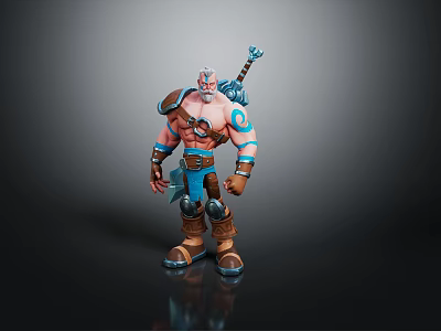 3D Model Muscular Fantasy Warrior with White Beard Blue Armor Holding Weapon 3d model