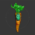 Small Green Game Character Sitting On Orange Carrot With Green Leaves