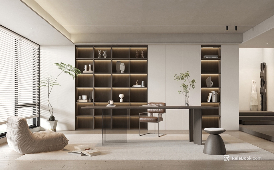 Modern Study Room Interior Design With Open Bookshelves Writing Desk Comfortable Chair And Green Plants 3d model 