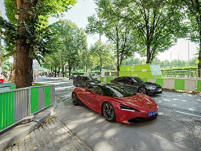 Red Sports Car Parked On Street With Green Fence And Trees 3d model