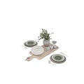 Elegant Tableware Set With Wooden Tray Green Plates White Lidded Bowl Woven Placemats Metal Utensils