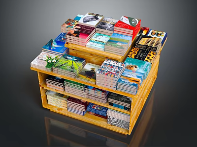 Books And Magazines Displayed On Wooden Stand With Various Stacked Types And Colorful Covers 3d model